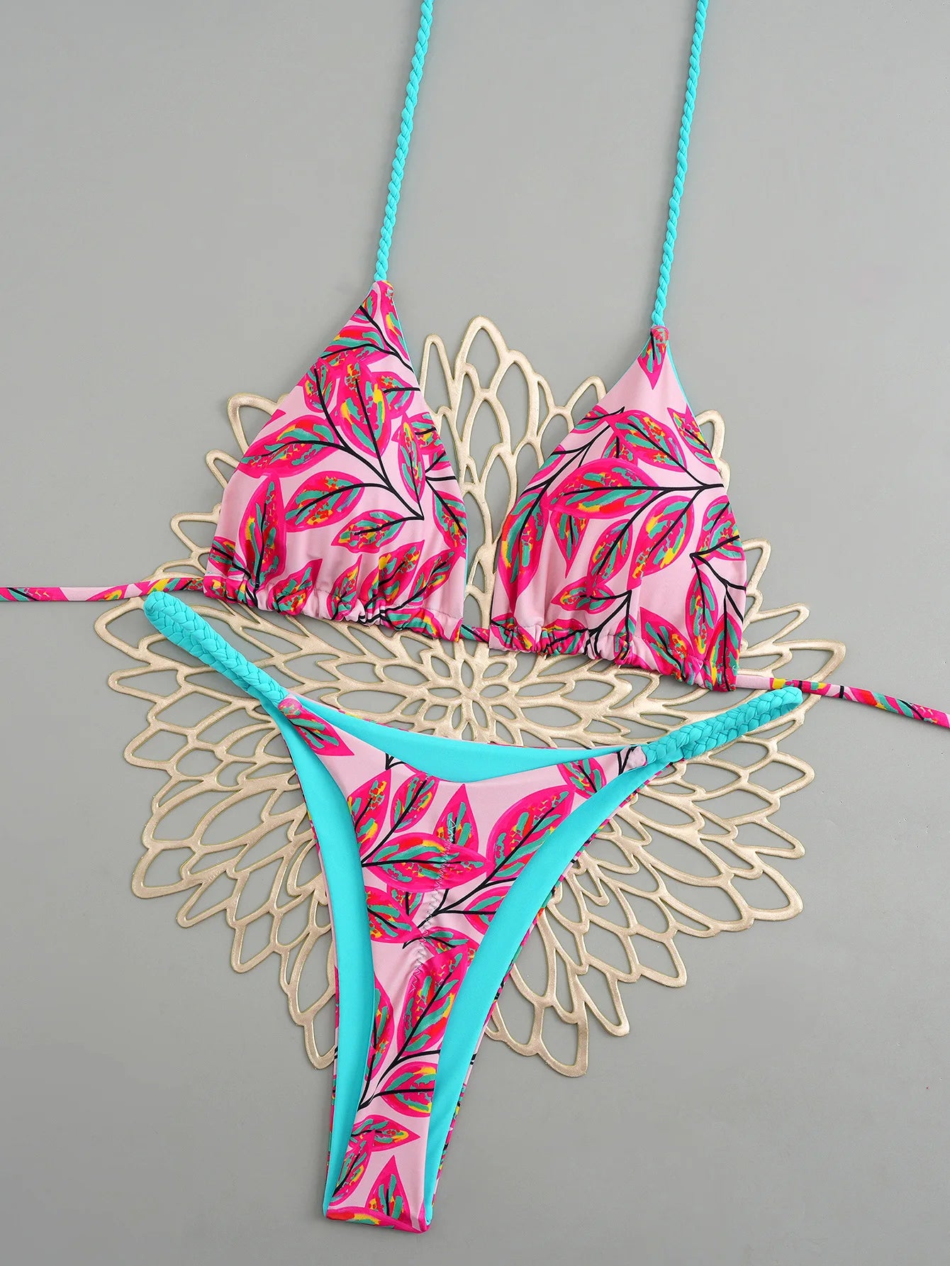 2026 New Bikinis Women Swimsuit Sexy Swimwear Halter Bikini Set Lace-up Biquine Brasileiro Thong Print Beachwear Party Wear
