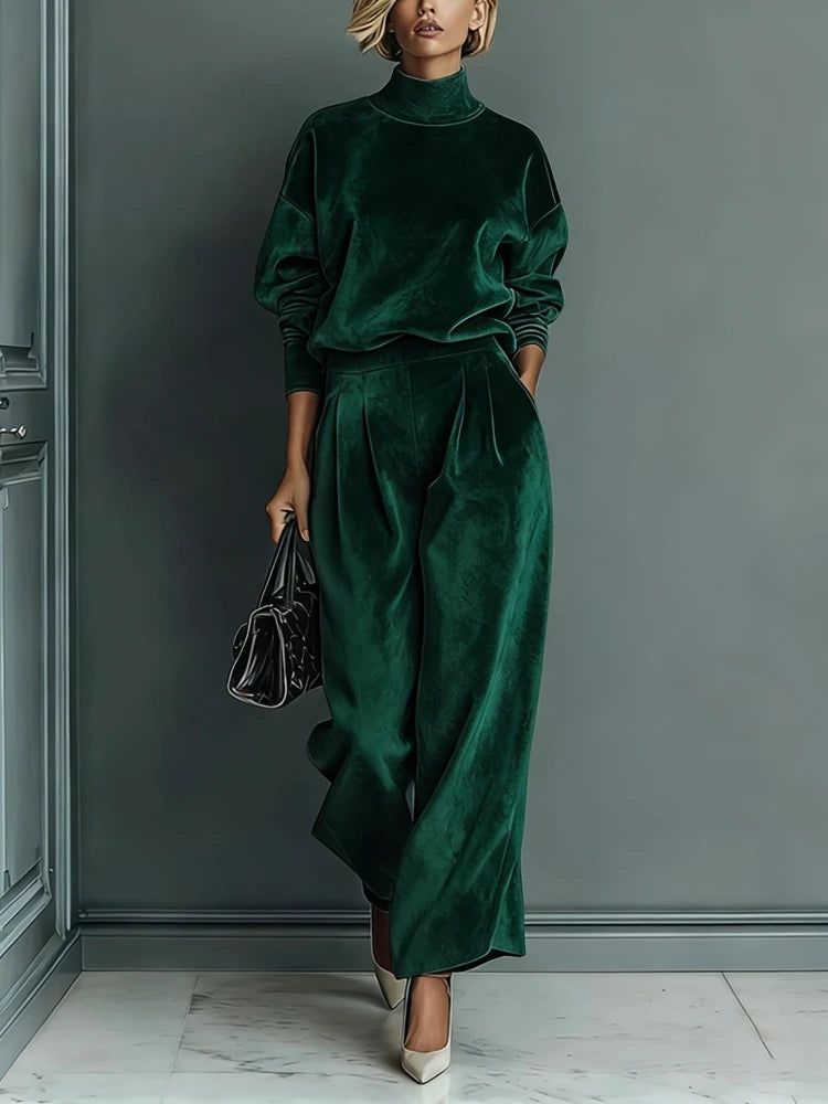 2026 Women Casual Warm Sportswear Set Velvet Long-sleeved Solid Color High-neck Wide-leg Pants Fashion Spring Autumn New Style