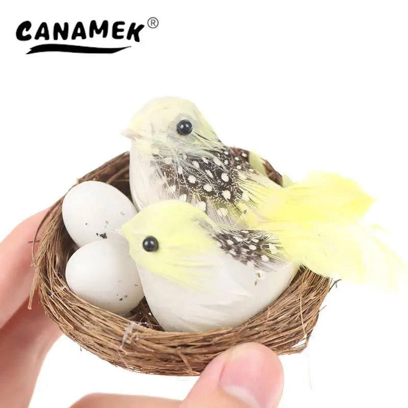 1 Set Artificial Feathered Birds & Nest & Egg Creative Craft Birds Sculpture Art Decoration Home Garden