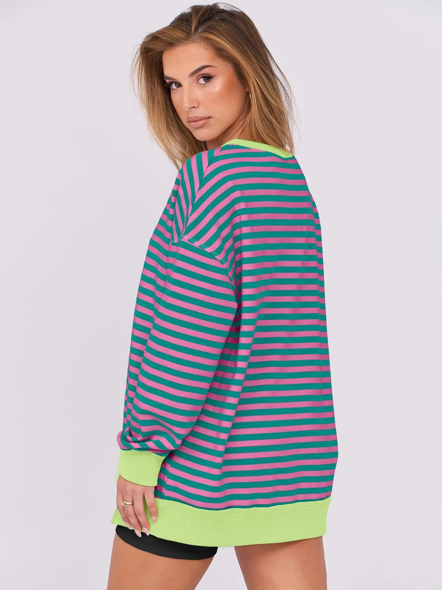 2026 Spring Sweatshirts Women Sweatshirt Tops V Neck Full Sleeve Y2k Streetwear Work Casual Loose Elegant Striped Top Autumn