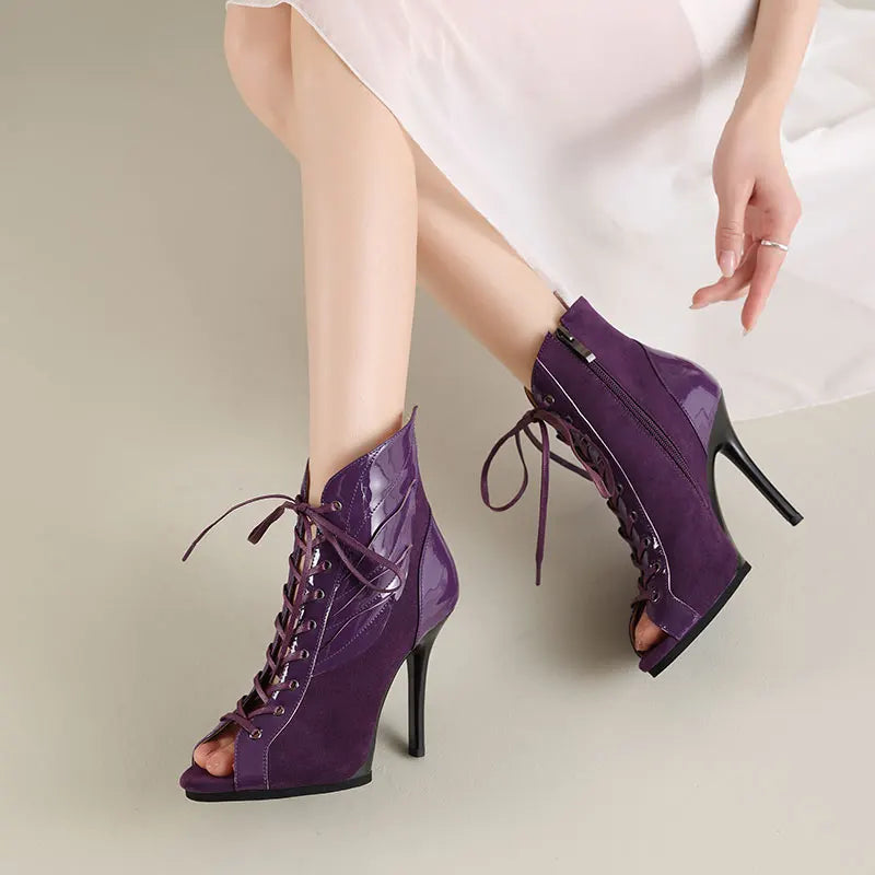 Black Summer High Heels Ankle Boots For Women 2026 Spring Peep Toe Lace Up Pumps Party Jazz Dance Shoes Suede Ladies Large Size