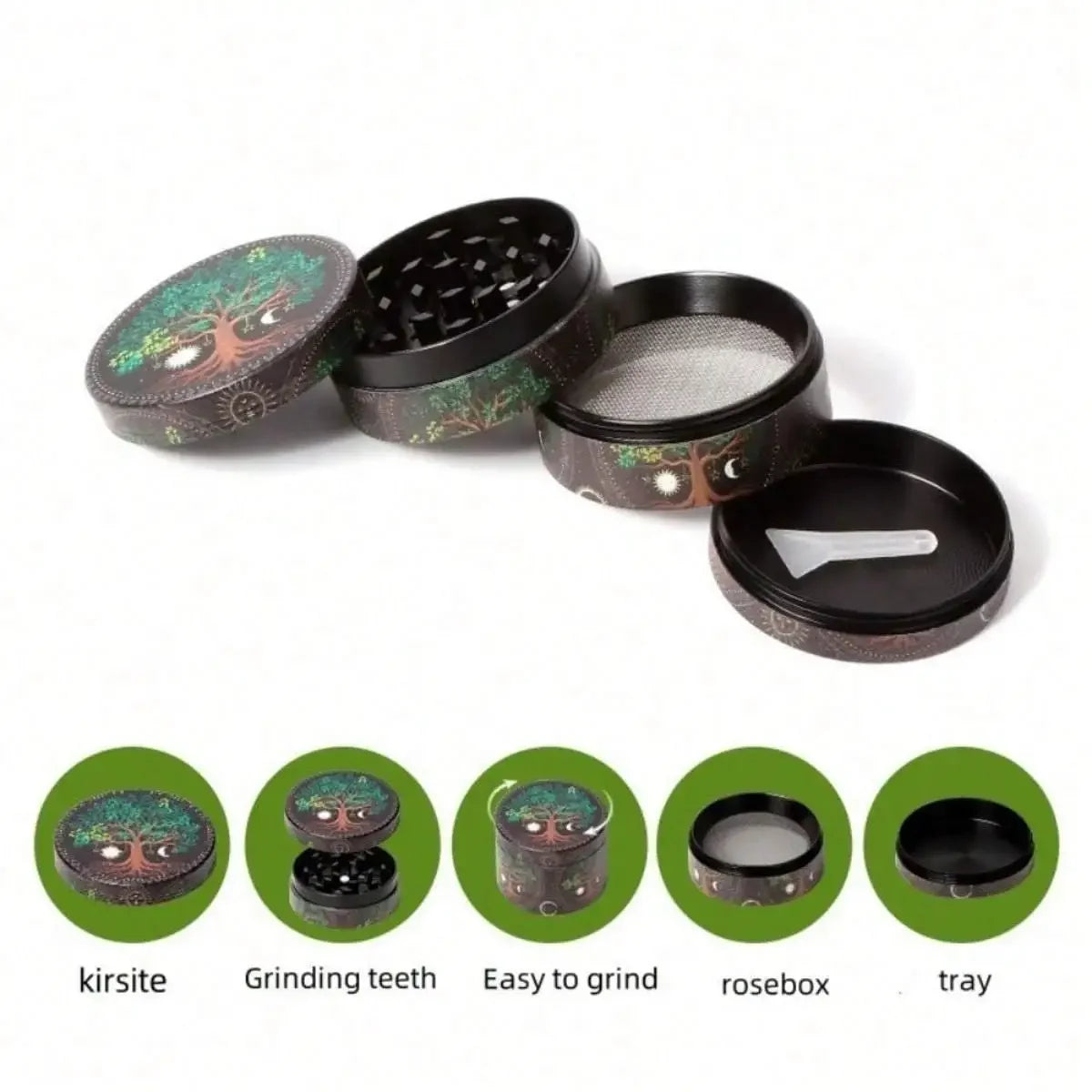 2inch Boho Tree Herb Grinder 4-Layers Metal Pepper Mortar Spice Mill Tobacco Grass Raw Grinder Smoking Accessories Kitchen Tool