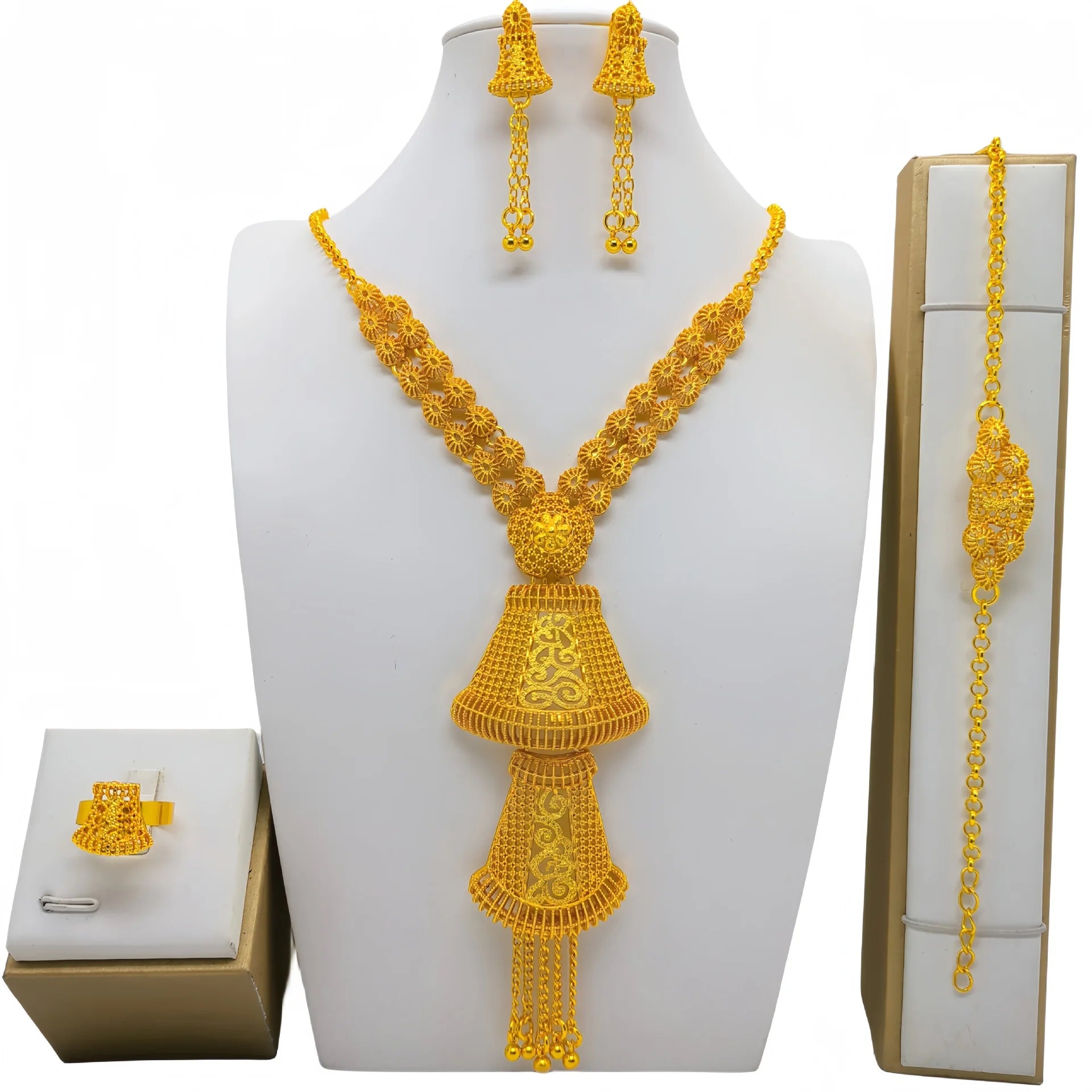 Ethiopian Gold Color Jewelry Set For Women Dubai Bridal Necklace Earring Bracelet Ring Set Moroccan African Jewellery Gift