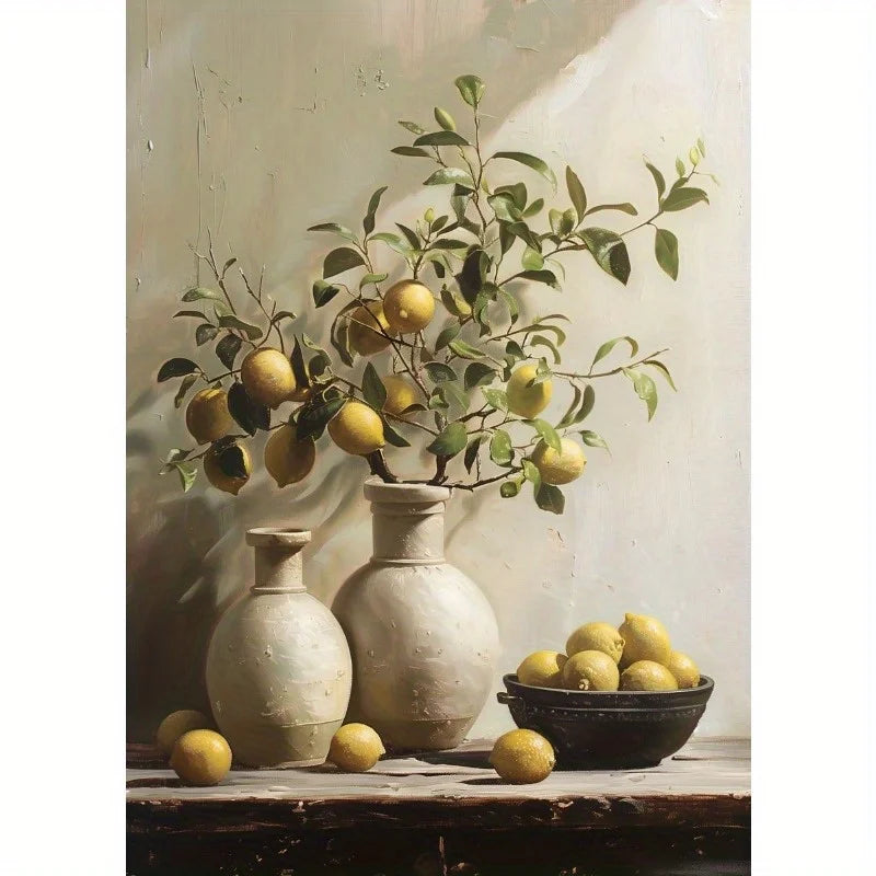 1pc Frameless Retro Still Life Poster Printing Lemon Olive Tree Plant in Vase Canvas Painting Plant Antique Family Room Decor