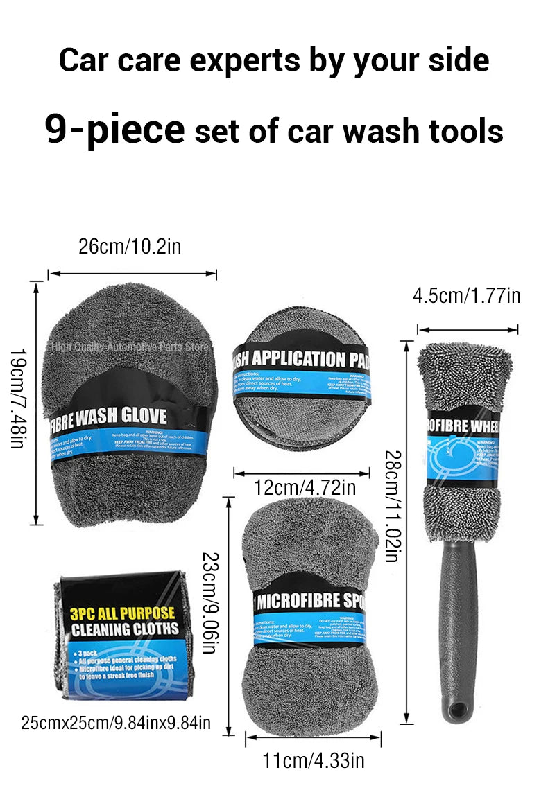 9pcs Car Wash Cleaning Kits Microfiber Towels Blush Sponge Wash Glove Polish Care Applicator Pads Auto Detailing Washing Tools