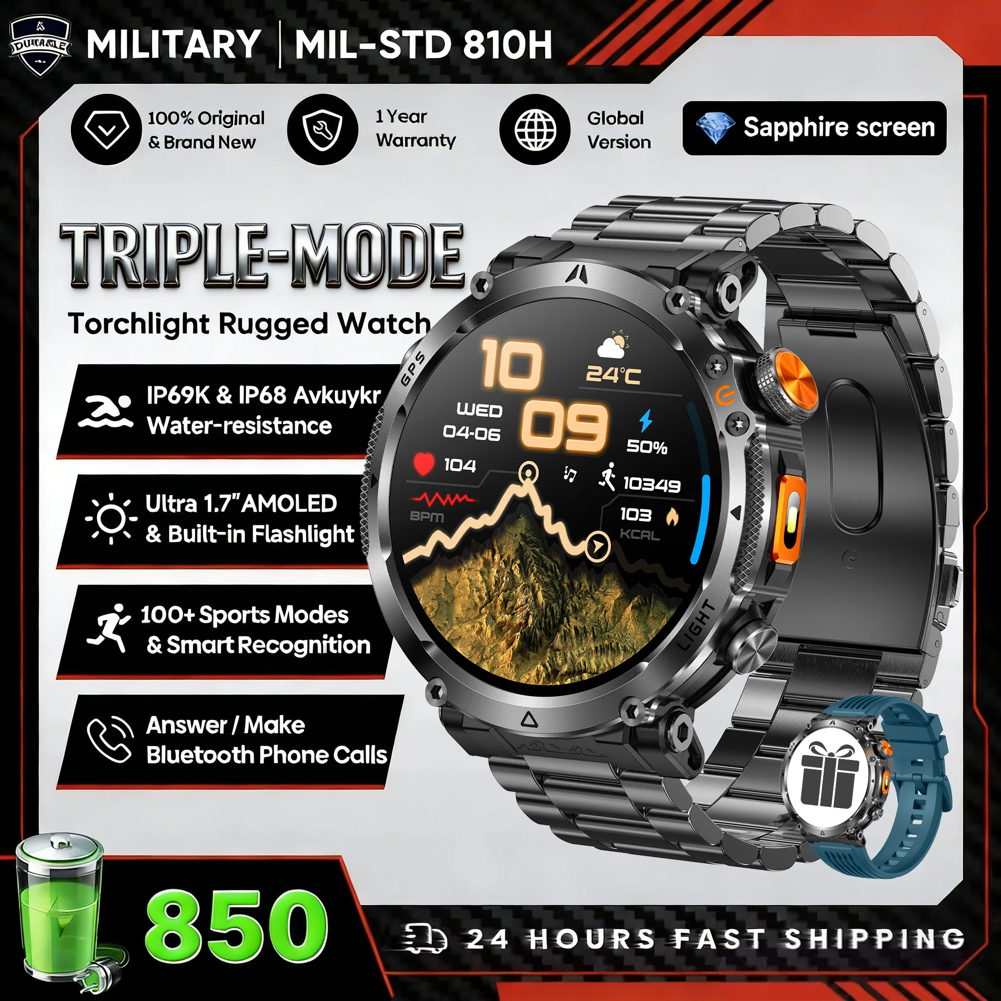 2026 New GPS Ultra Outdoor Sports Smart Watch 1.7" AOD Compass 5ATM Waterproof 170+ Sports Man Durable Military Call Smartwatch