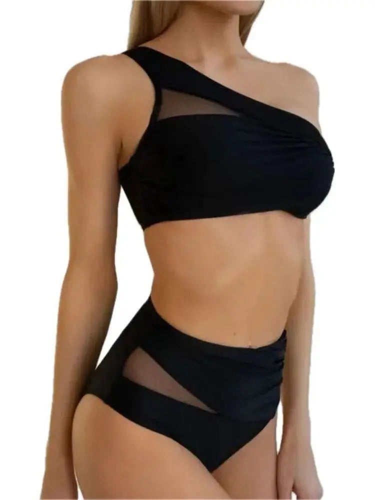 Cikini-Women's Split Solid Color Mesh Spliced Bikinis Set, Pleated Swimsuit, Summer Beach Swimwear, Bathing Suit for Women