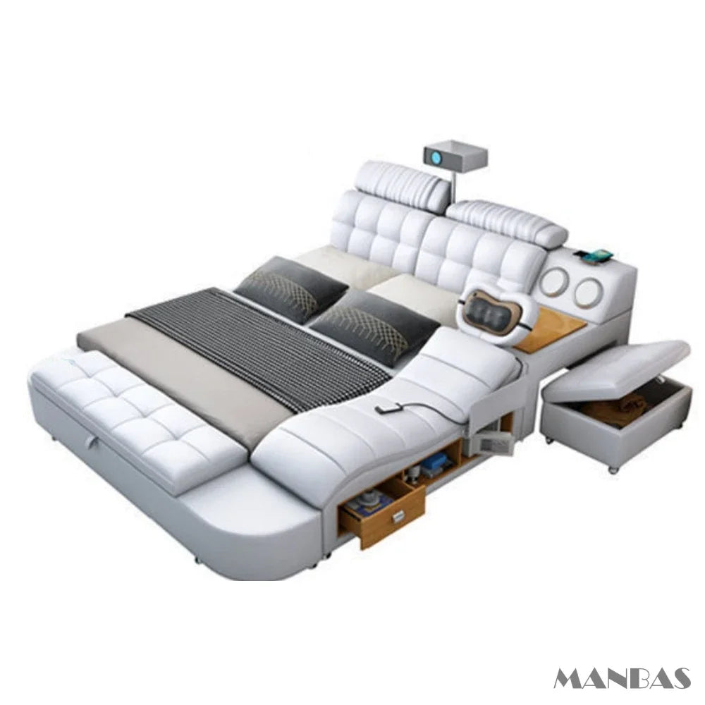 D MANBAS Tech Smart Genuine Leather Bed | Multifunctional Ultimate Beds | Massage Tatami Bed With Projecter | Upholstered Cama