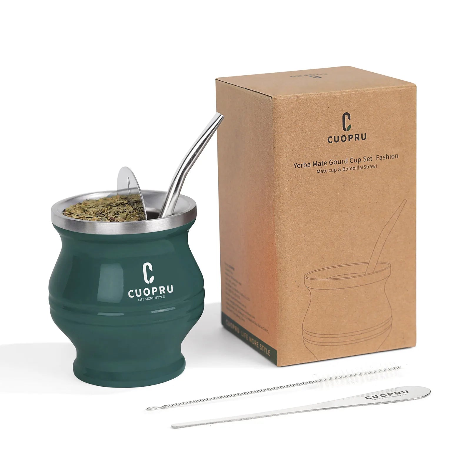5 in 1 Yerba Mate Cup Set, Include CUOPRU Double Walled StainlMate Gourd, Tea Separator set, Bombillas(Straw) and Cleaning Brush
