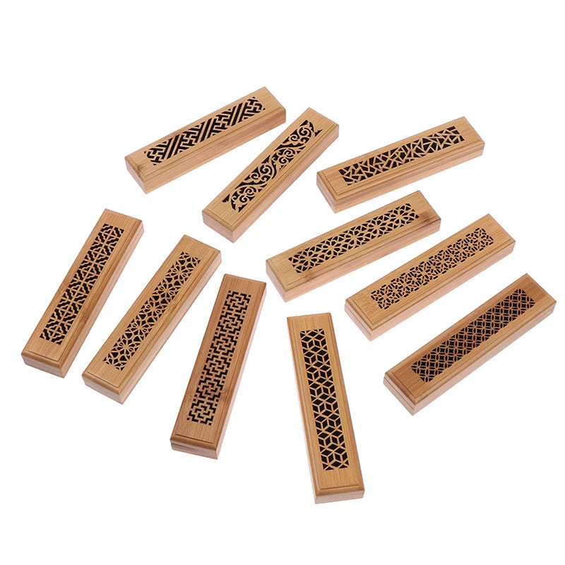 1Pc Bamboo Wood Incense Stick Holder Burning Joss Insence Box Burner Ash Catcher