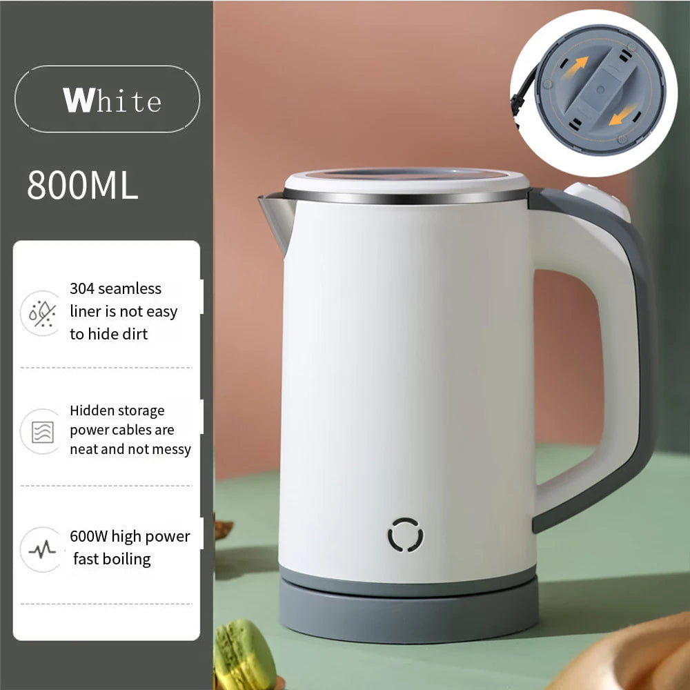 110V/220V Electric Kettle 0.8L Portable Travel Kettle Stainless Steel Liner With Auto Shut-Off 600W 5Mins Fast Boil Home Kettle