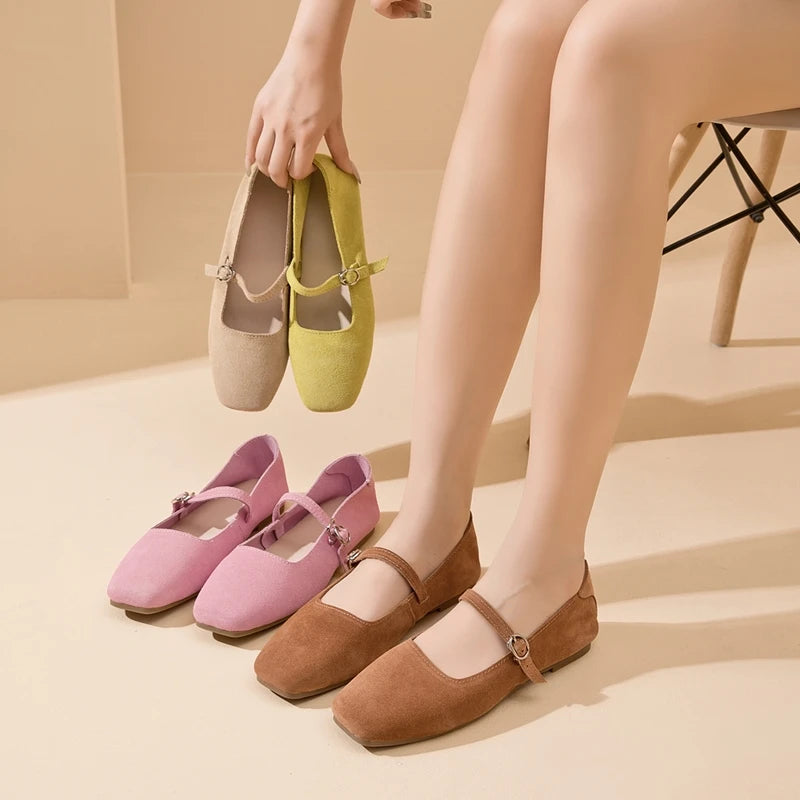 AIYUQI Mary Jane Women's Shoes 2026 New Suede Leather Non-slip Women Ballet Flat Shoes Square Toe Comfortable Female Shoes