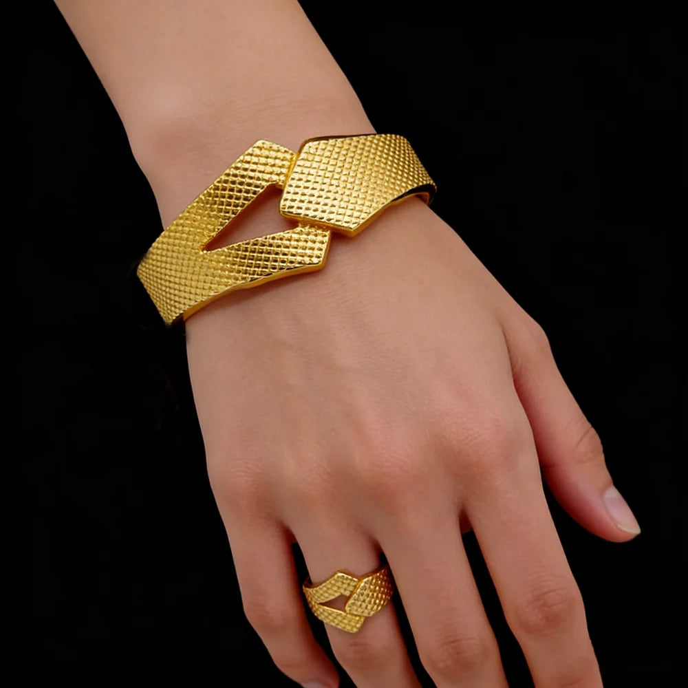 ethiopian hand gold color bracelet bangles rings set for Women bracelet Rings Jewelry Gift Weddings party set