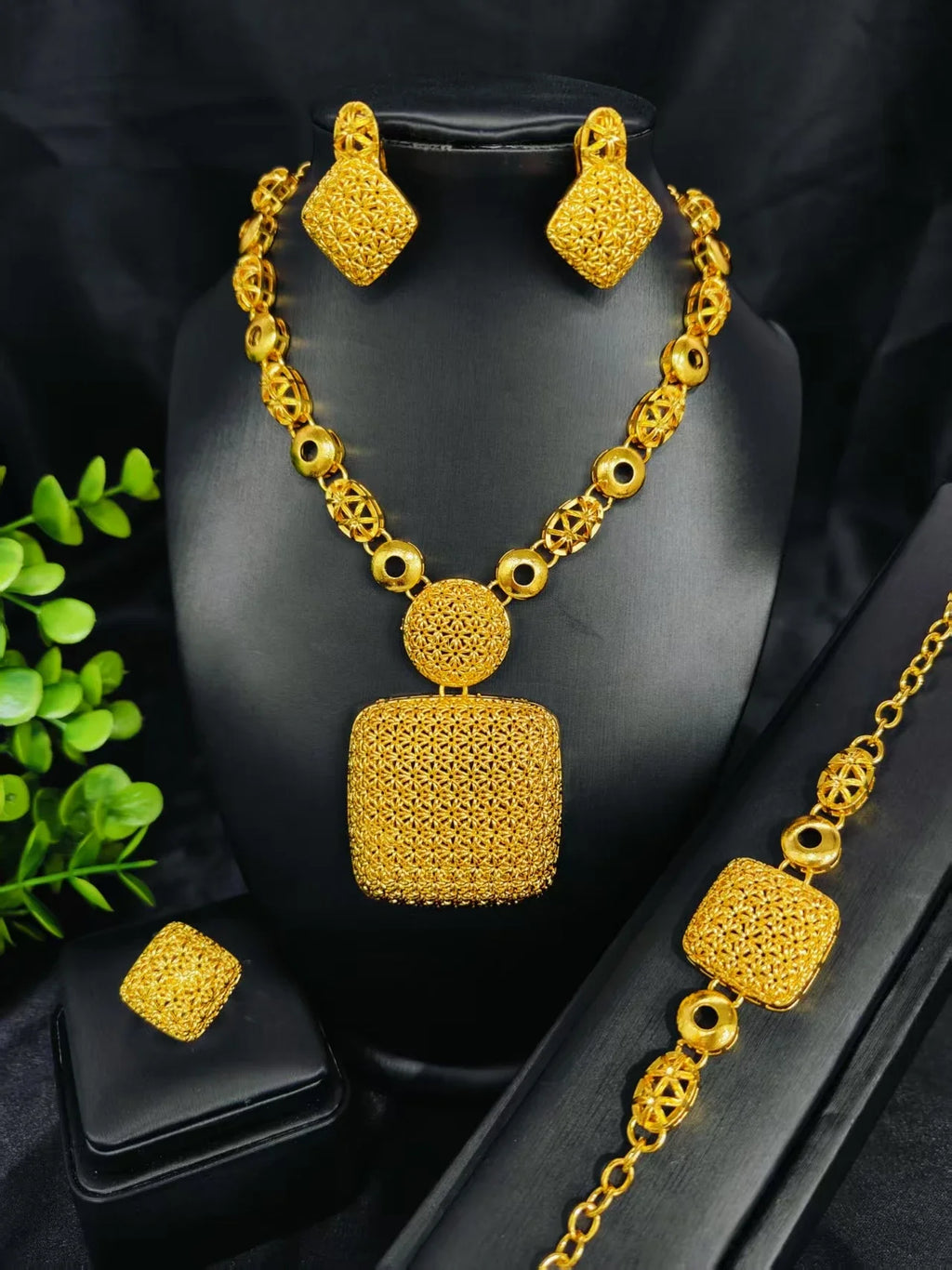 Ethiopian  Necklace Earrings Bangle Ring Jewelry Set For Women 24K Gold Plated Dubai Indian African Bridal Wedding Party Jewelle