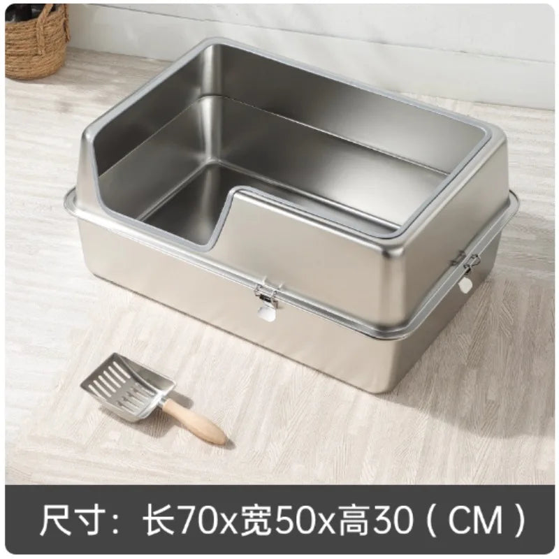 Extra-Large 60cm Cat Litter Box Stainless Steel Cat Poop Tray Raised Fence Cat Toilet Odor-Proof Anti-Splash Pet Litter Box