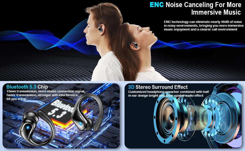 Bluetooth 5.3 Headphones Pure Bass Sound with Earhooks 75H Battery Over Ear Headphones with Dual-LED Display IP7 Waterproof