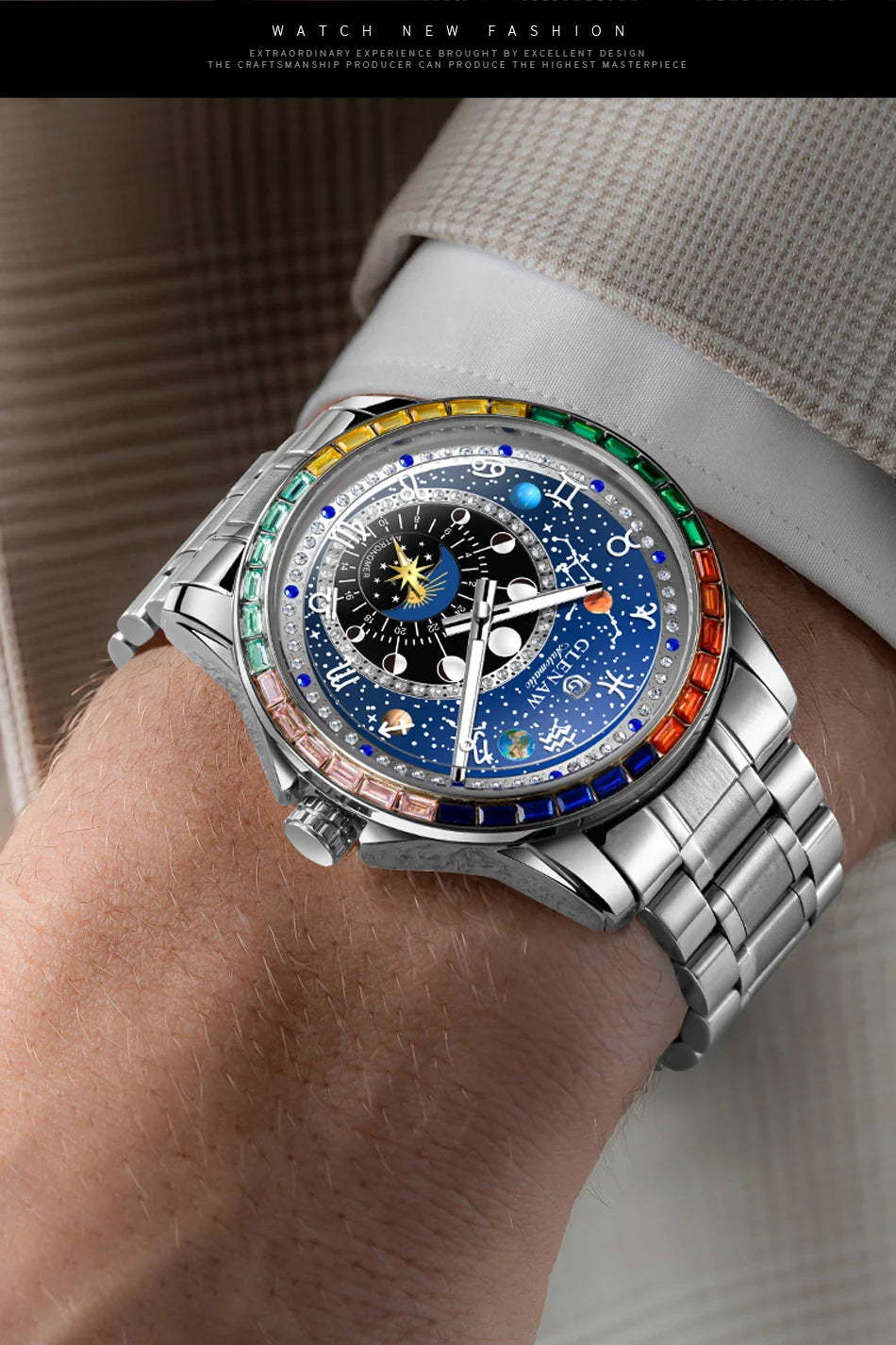 2025 New GLENAW Rainbow Circle Mechanical Watch Men Constellation dial Design Night Light Waterproof Top Luxury Mechanical Watch