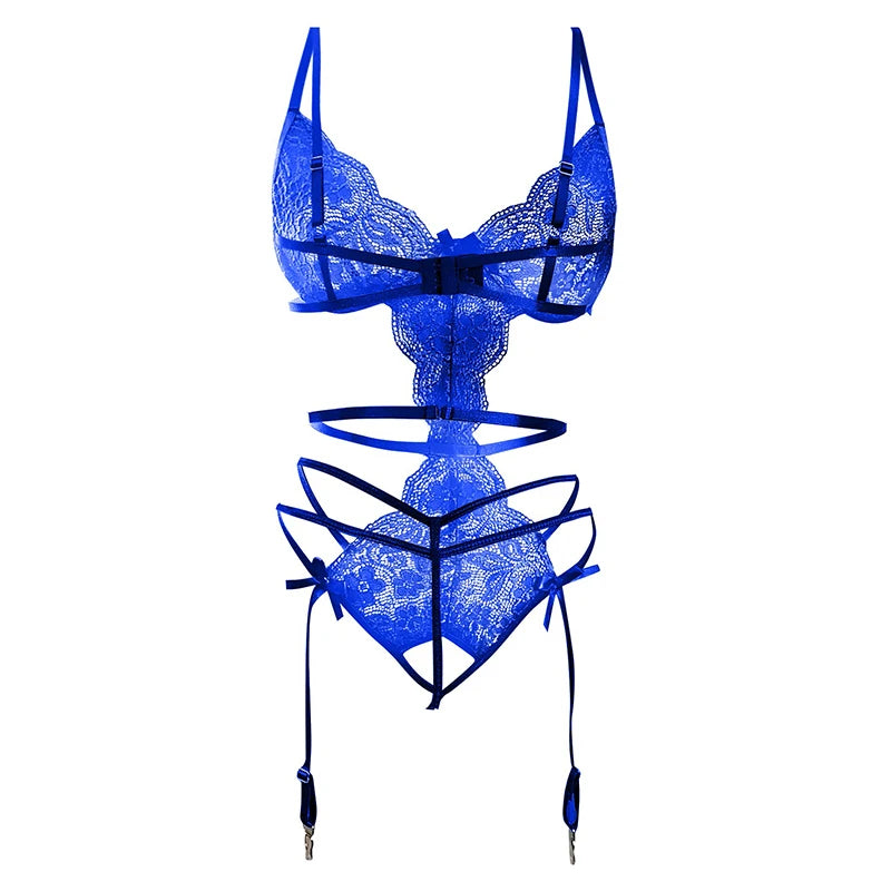 Erotic Lingerie For Women Sexy Costume Garter + Thong Set Lace Mesh Nightie Deep V Suspenders Baby Doll Dress Porn Underwear Set