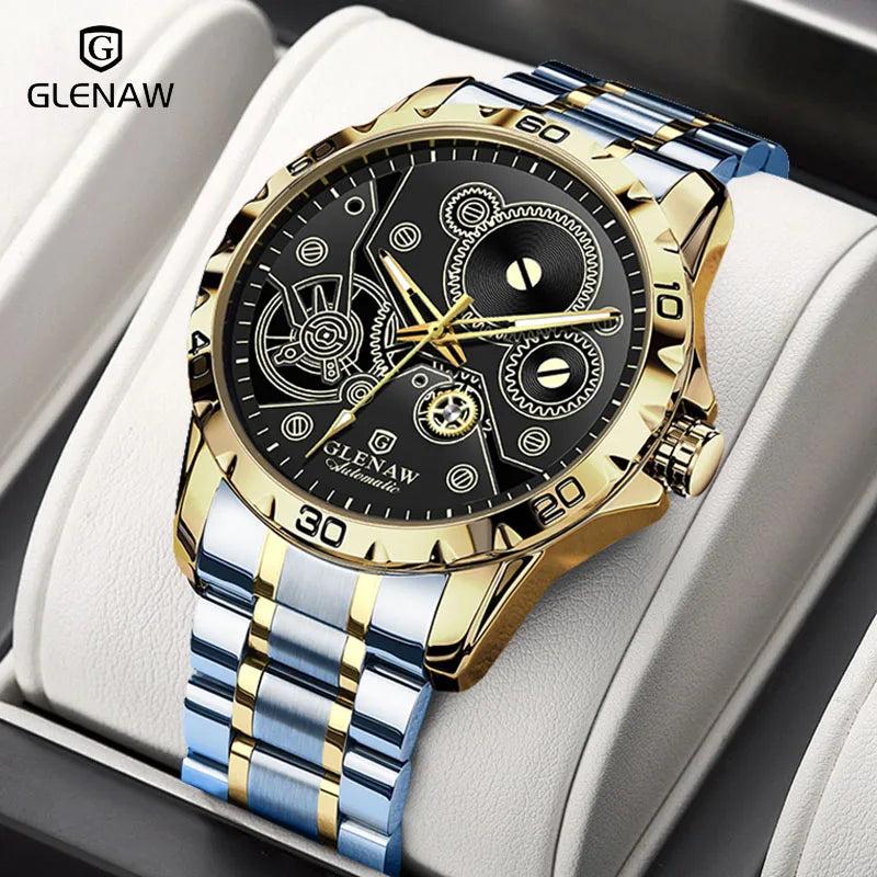 2025 New Glenaw Watches Gear Mechanical All Luminous Design Style Stainless Steel Waterproof Mechanical Watch Men Clock GL8688