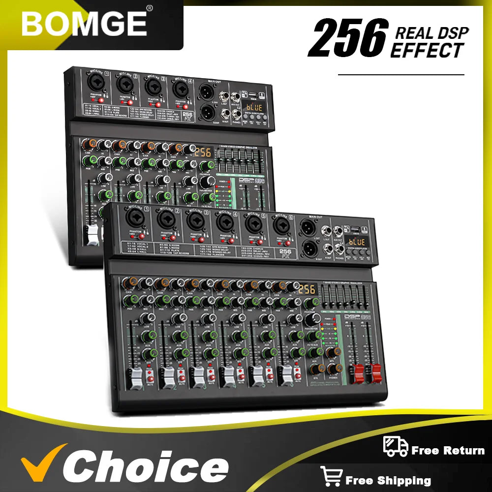 BOMGE 4/6 Channel 256DSP Audio Mixer USB Bluetooth/catu daya 48V independen/cocok untuk studio, panggung DJ, pesta