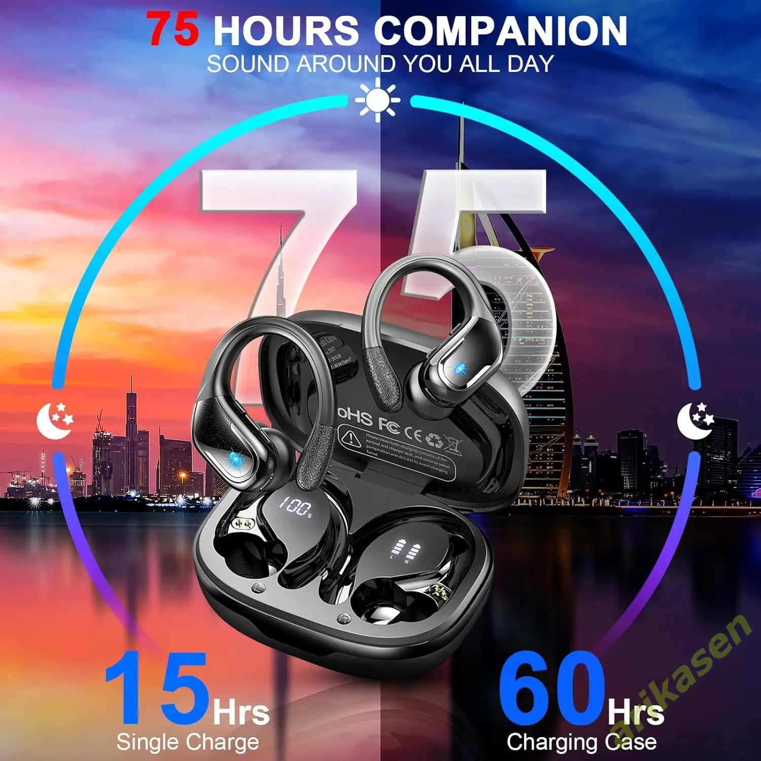 Bluetooth 5.3 Headphones Pure Bass Sound with Earhooks 75H Battery Over Ear Headphones with Dual-LED Display IP7 Waterproof