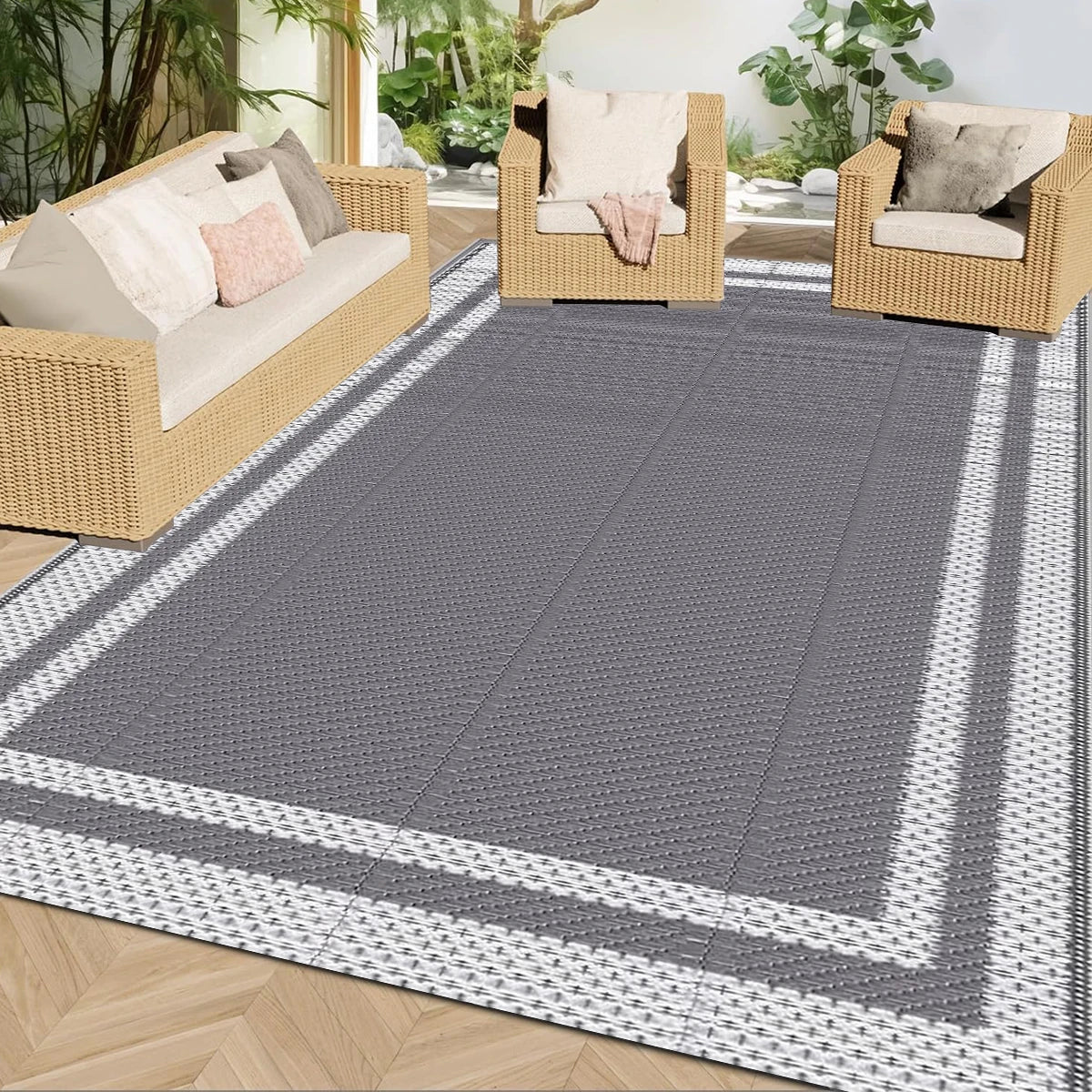6' x 9' Outdoor Mat with Ground Pegs - Durable PP Material, Gray and White Grid Pattern, Perfect for Patio, Camping and Outdoor