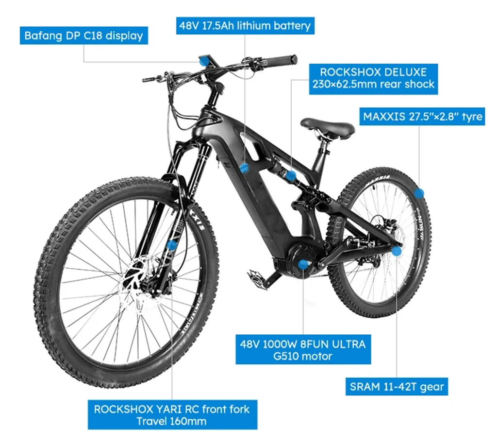 Electric Bicycle 1000W Carbon Electric Mountain Bike Frame Full Suspension Ebike
