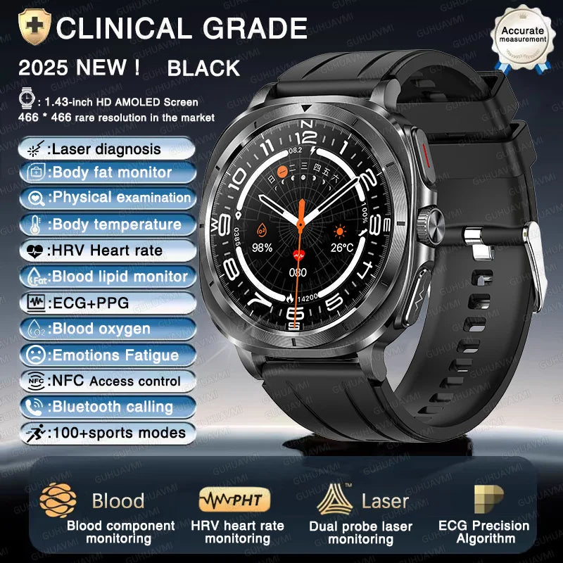 2025New ECG+PPG Laser Diagnose Blood pressure Smart Watch Men Heart Rate Uric Acid Blood fat Body analysis Health NFC Smartwatch