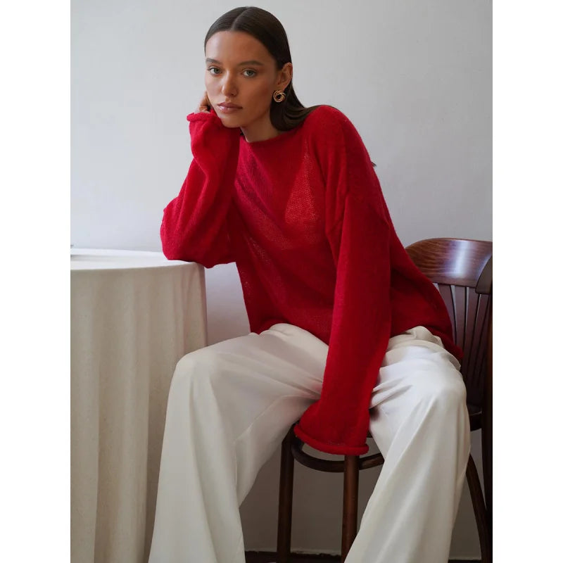 2025New Spring and Autumn Hollow Out Sweater for Women European and American StyleinsSoft and Loose Knitted Long Sleeve Cover-Up