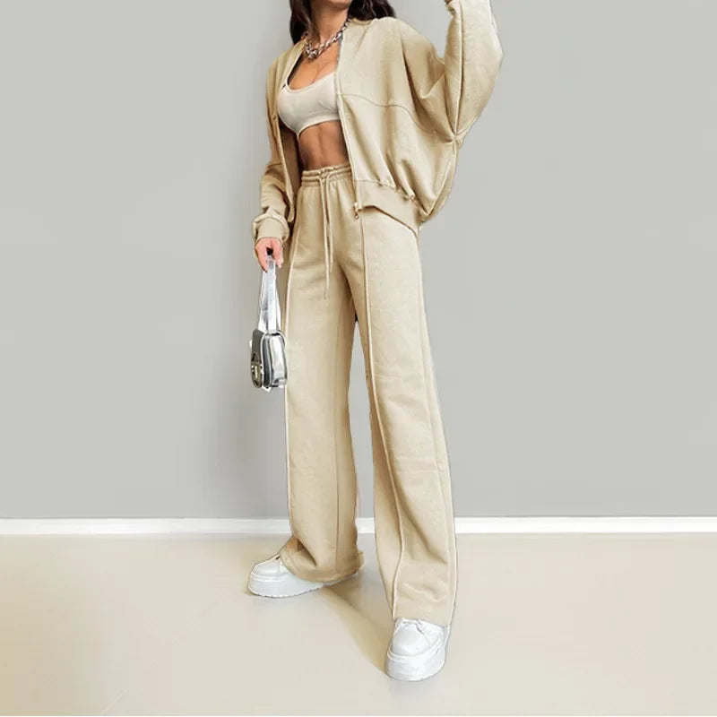 European American women's clothing autumn and winter suit new fashion solid color casual loose street sports sweater suit women