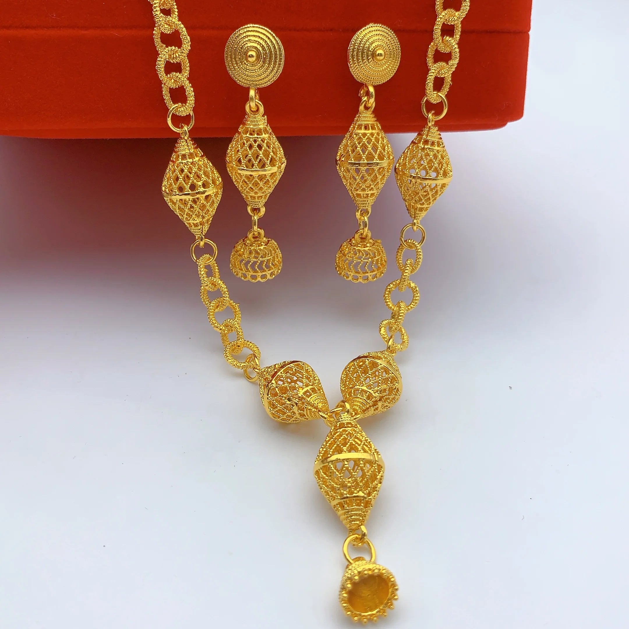 Brazilian 24k Gold Plated Jewelry Set For Women Wedding Long Necklace Earrings Jewellery Dubai Nigerian African Bridal Sets