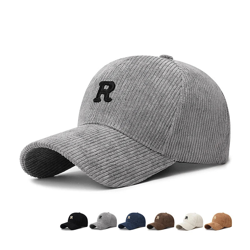 Corduroy Baseball Cap with 3D Embroidered 'R' Letter Solid Color Adjustable Structured Hat Stylish Fall and Winter Accessory