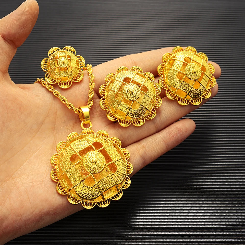 24K Gold Plated Fashion Ethiopian Earrings/Pendant/Ring Jewelry Sets Gold Plate Africa Bride Wedding Eritrea Set Gift