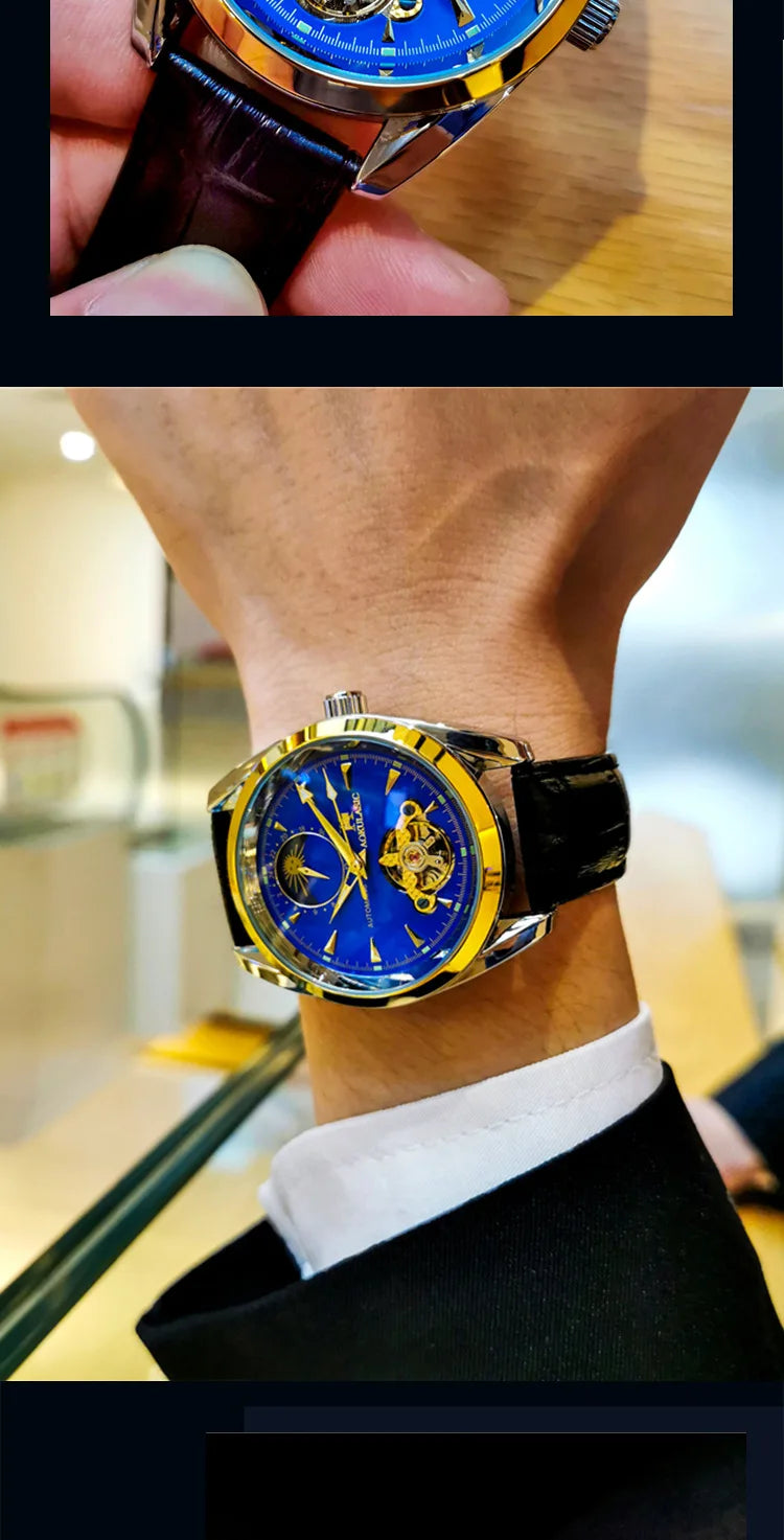 AOKULASIC Luxury Mens Automatic Mechanical Watch Moon Phase Stars Tourbillon Luminous Waterproof Fashion Wristwatch