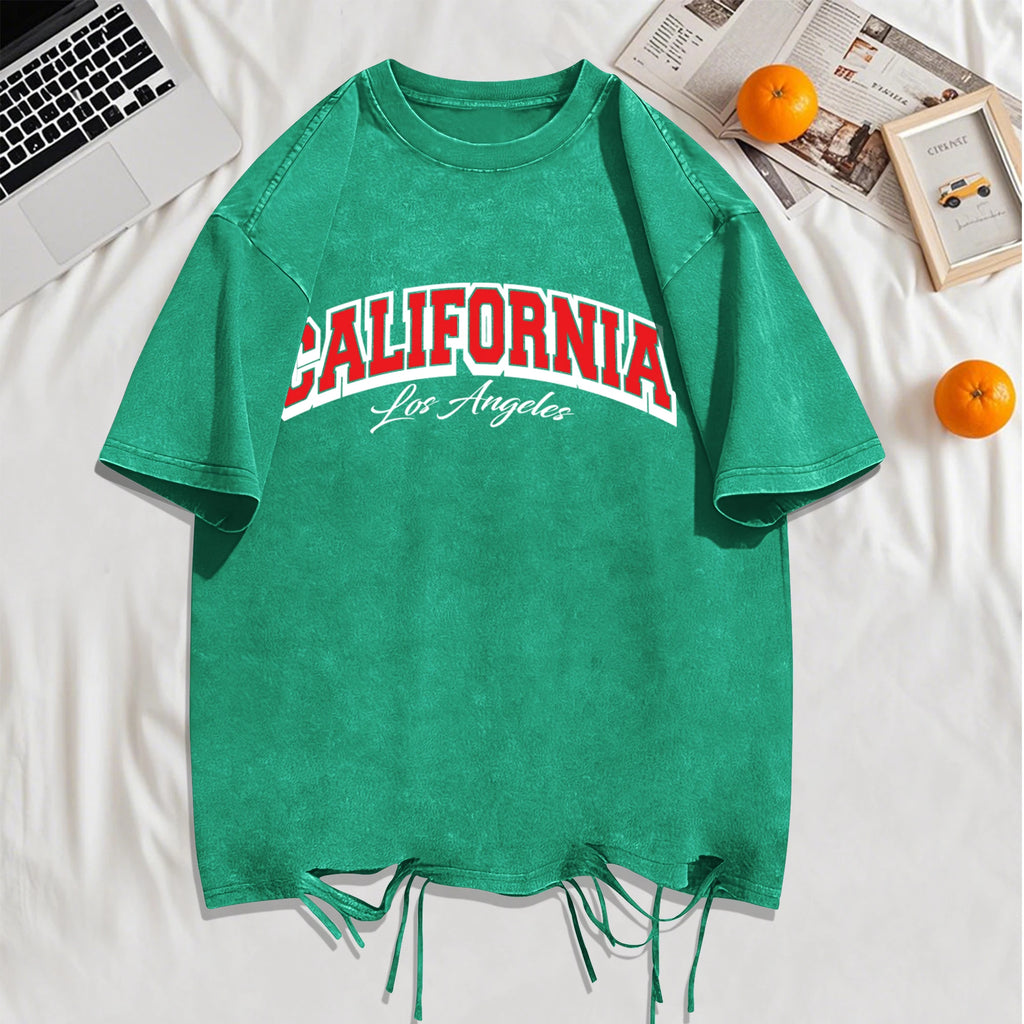 California Los Angeles City Art Letter Snow Wash Holes T-Shirt Mans Cotton Retro Tee All-Match Sportwear O-Neck Loose Clothing