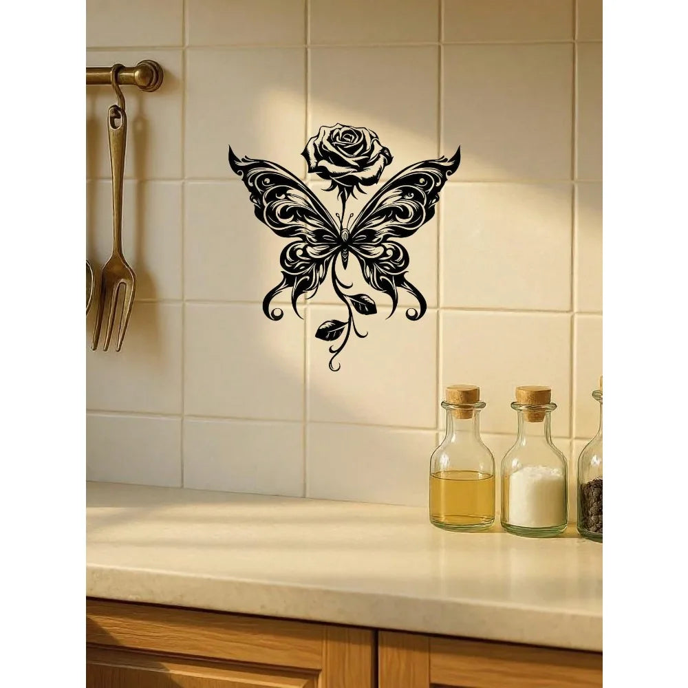 "Eternal Bloom" Metal Wall Art Black Butterfly Rose Sculpture, Minimalist Matte Iron Decor for Living Room Bedroom, Modern Home