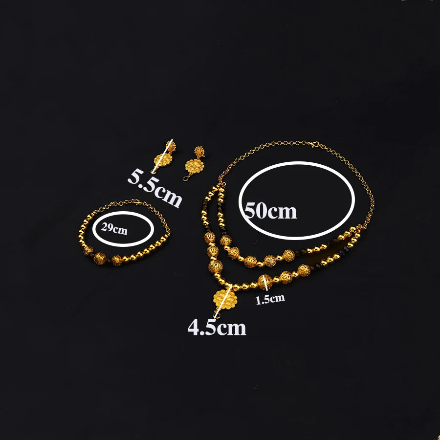 3PCS Ethiopian jewelry set for Women, gold Black Beads Dubai Habesha Earring Necklace African Middle East bride wedding gift,