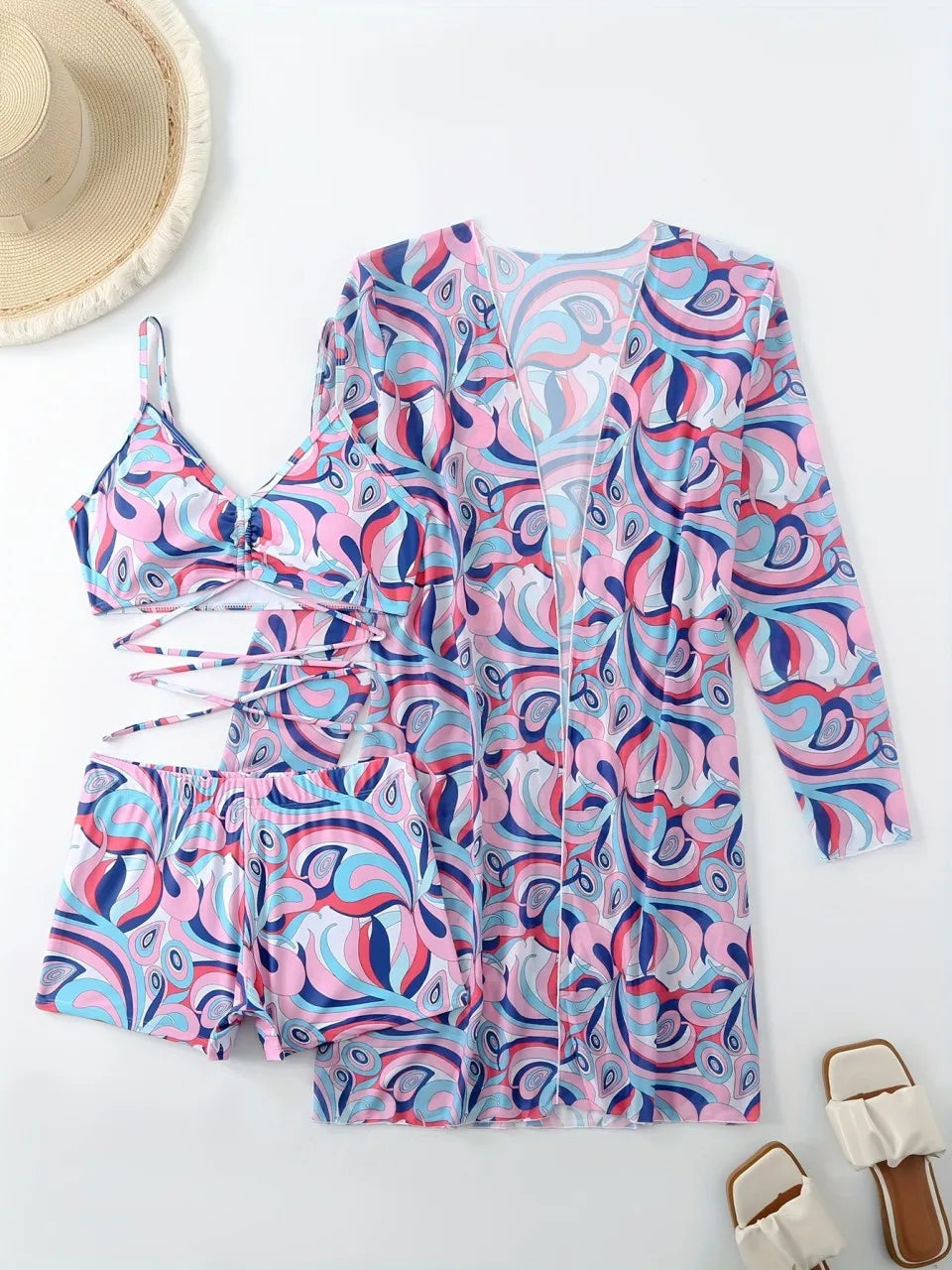 3 Pieces Tie Dye Bikinis Swimsuit 2025 New Women Drawstring Front Swimwear Female High Waist Shorts Bathers Swim Suit Beachwear