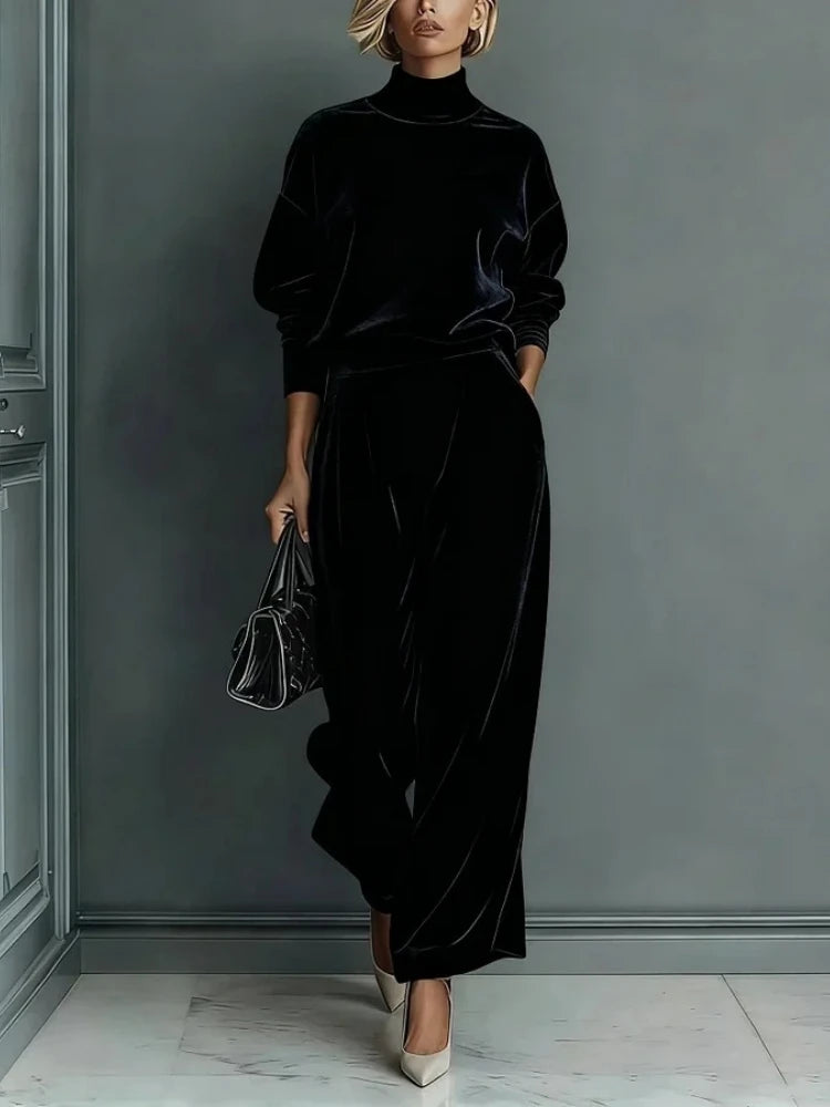 2026 Women Casual Warm Sportswear Set Velvet Long-sleeved Solid Color High-neck Wide-leg Pants Fashion Spring Autumn New Style