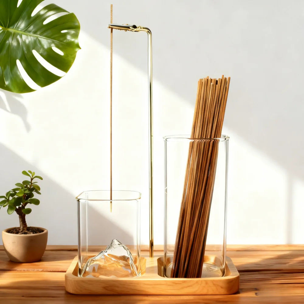 2 in 1 Fragrance Rack Anti-ash Aromatherapy Stove, Removable 3D Volcanic Glass Ash Tray with Walnut Base (suitable for Incense)
