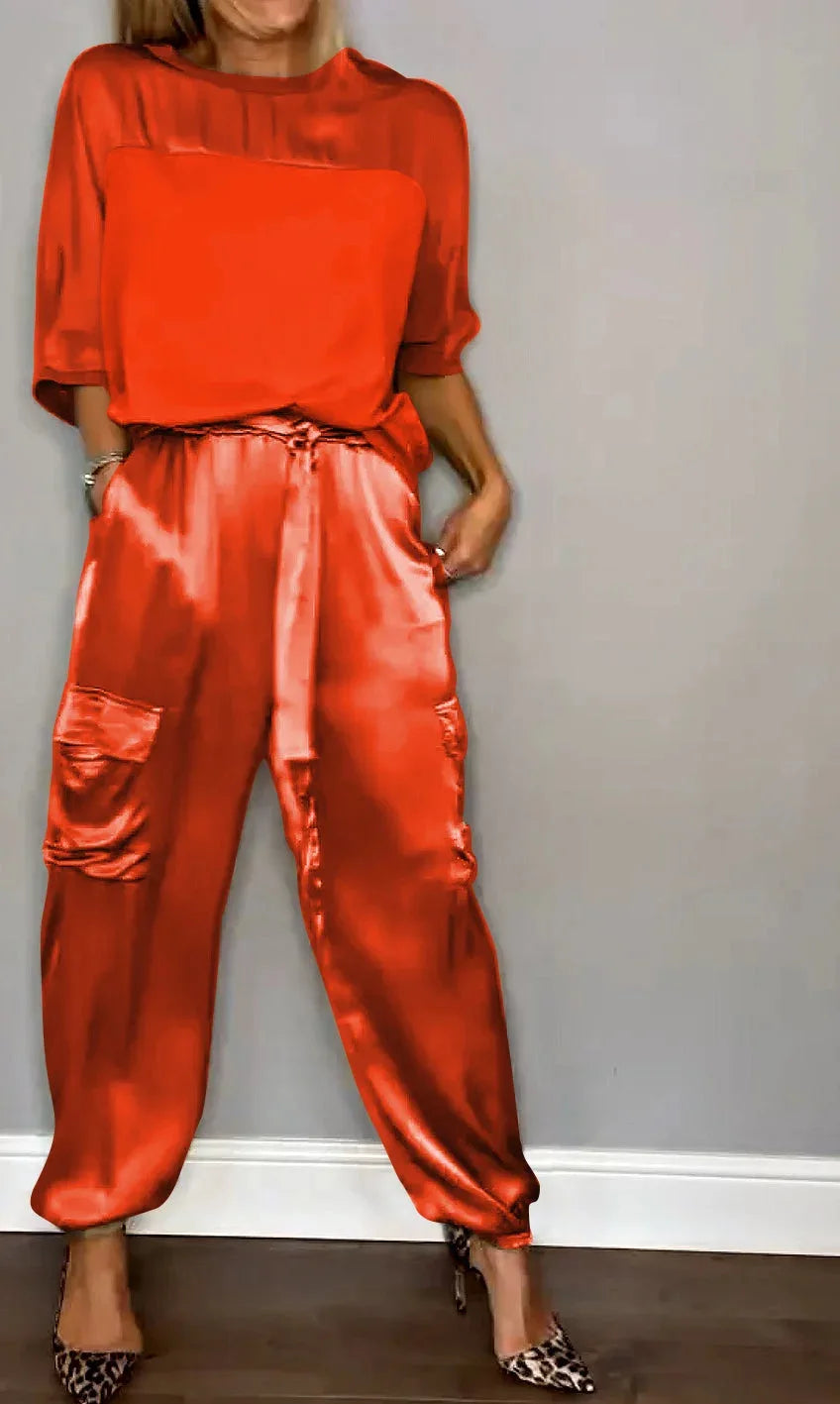 2024 Spring Women's New Fashionable Smooth Satin Half Sleeve Top With Strap Pants Pocket Set Half Sleeve Pants Two Piece Set