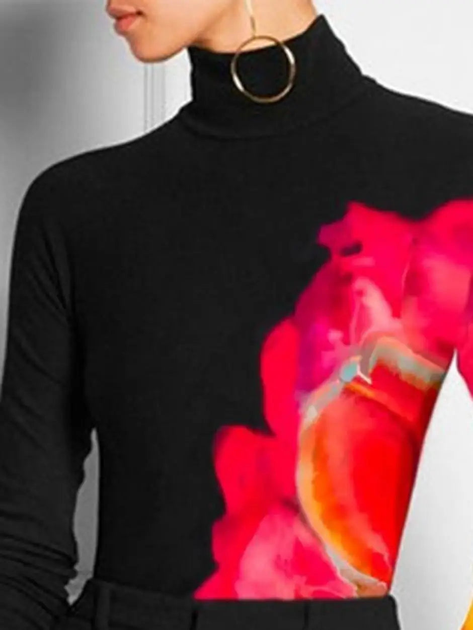 Casual Spring Women Tops Fashion Contrast Color Printed 2025 New Long Sleeve High Neck Skinny T-Shirts For Office Lady