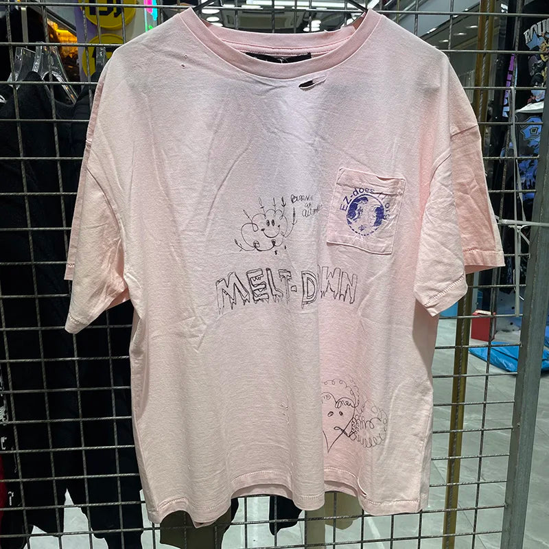Best Quality Vintage Paly T Shirts Men Woman Spring Summer High Street Casual Round Neck Top Tee Short Sleeve Damaged Style