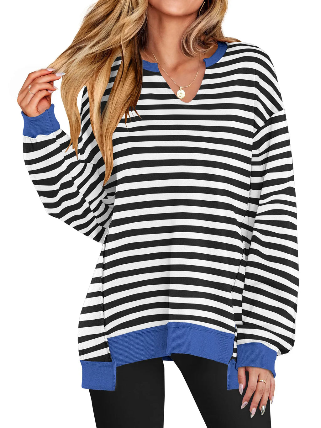 2026 Spring Sweatshirts Women Sweatshirt Tops V Neck Full Sleeve Y2k Streetwear Work Casual Loose Elegant Striped Top Autumn