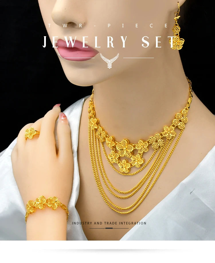 Ethiopian Tassel 24k Gold Plated Jewelry Sets For Women Arabic Wedding Indian Bridal Dubai Necklace And Earring Set Party Gifts