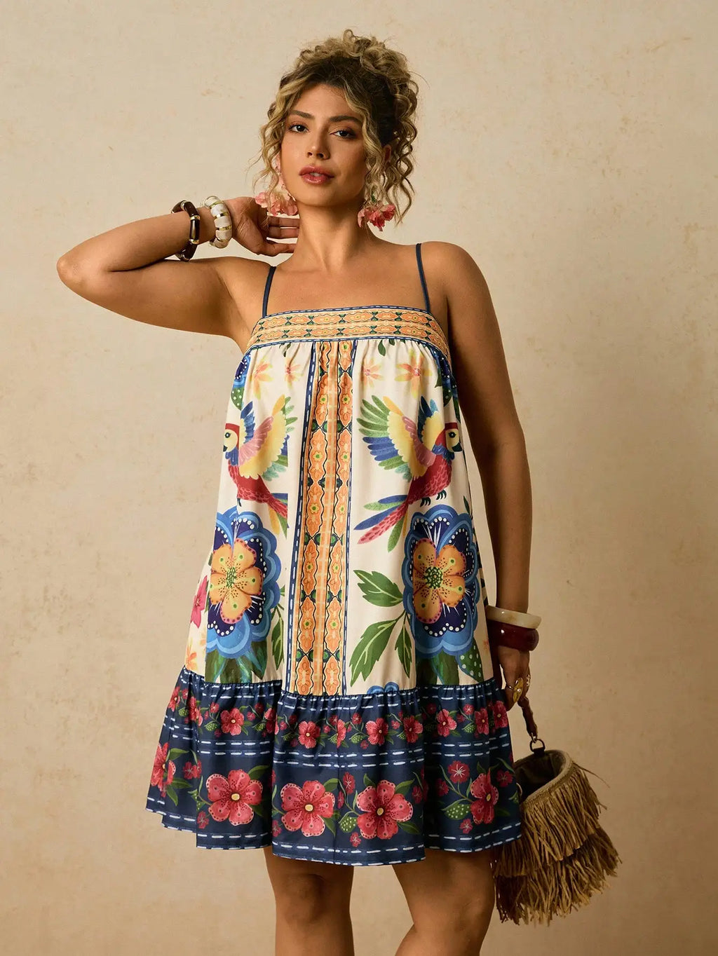 Boho Floral Print Plus Size Sundress with Green Geometric Trim, Summer Vacation Dress
