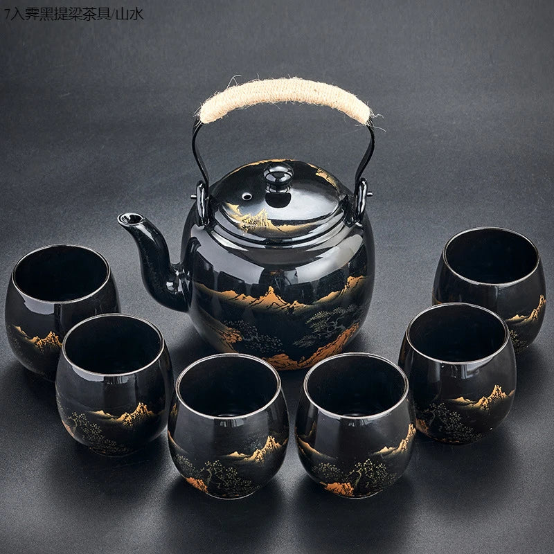 Black glaze large-capacity tea set, simple ceramic beam pot, teacup whole tea pot set  tea set  tea pot and cup set