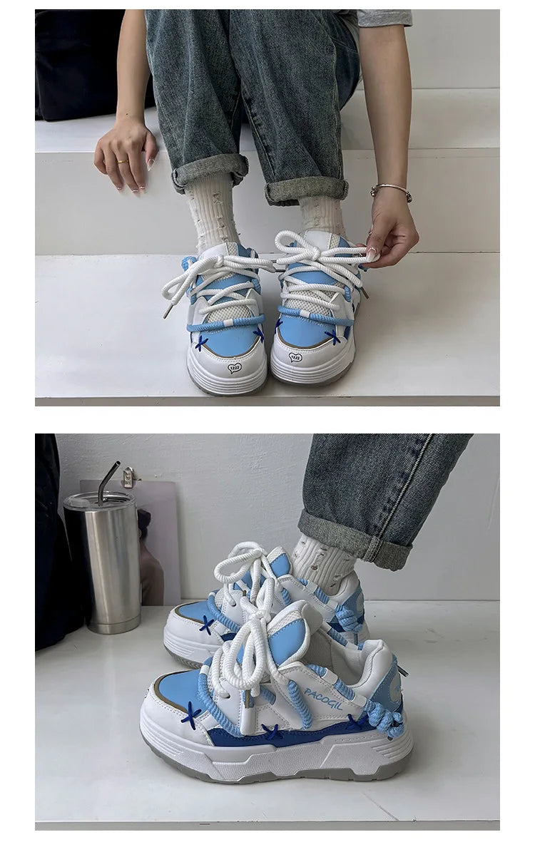 Cute Harajuku Sneakers Women's Running Shoes New Blue Thick Platform Sneakers Students Outdoor Casual Pink Vulcanized Shoes 42