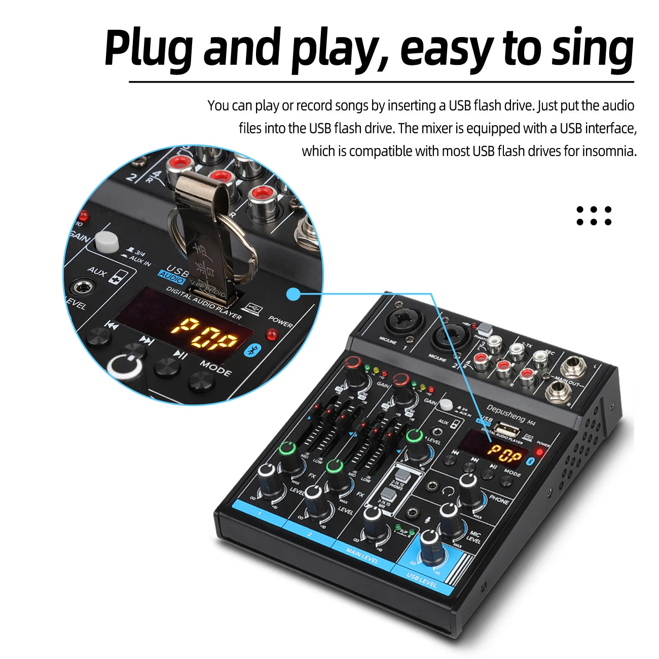 Audio Mixer Depusheng M4 4-Channels Mini Sound Mixing Console Bluetooth USB Record Computer 5V Repaeat Effect