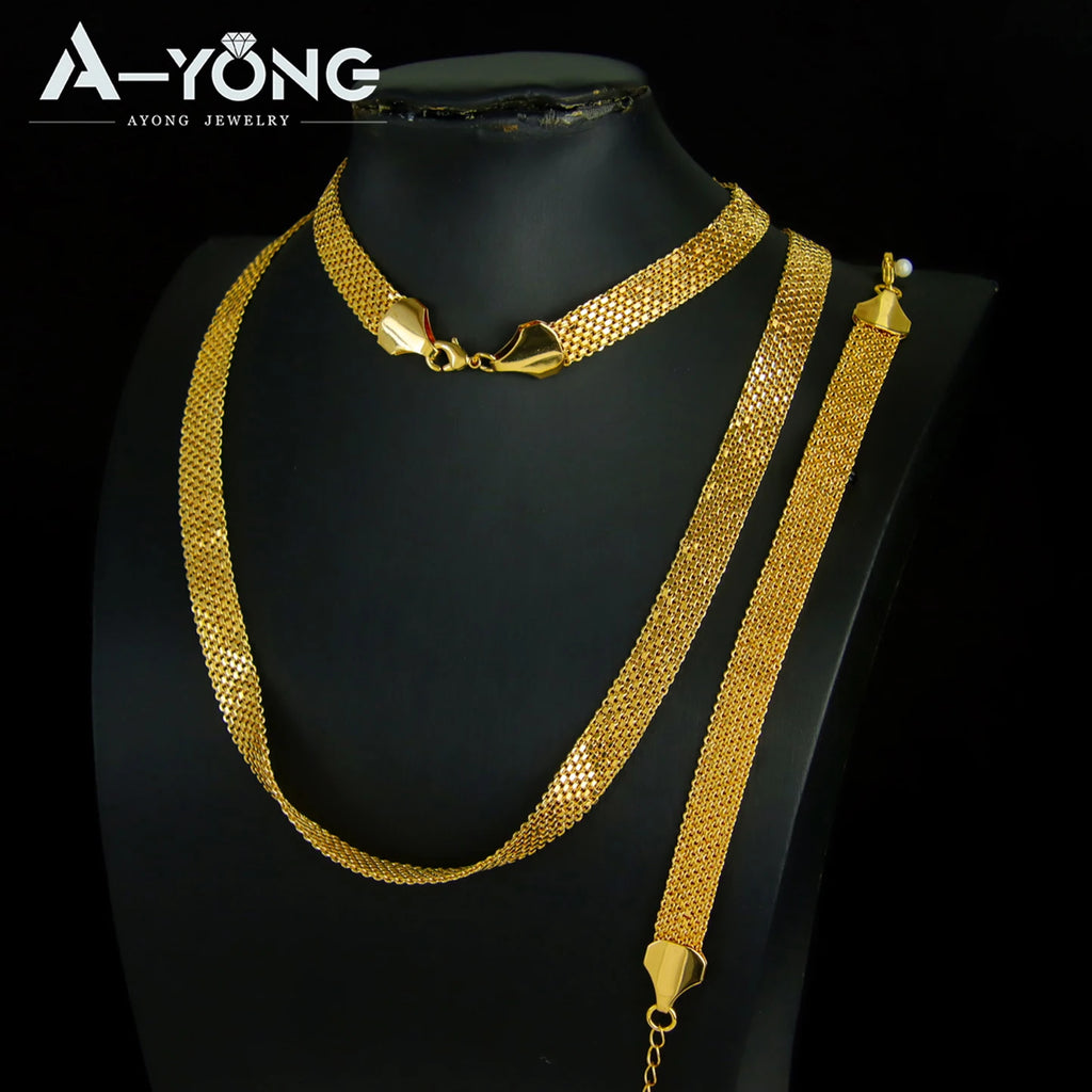 Ethiopia 24k Gold Plated Bridal Jewelry Set Width 10mm Traditional Moroccan Wedding Necklace Bracelet Arabian Women Party Gifts